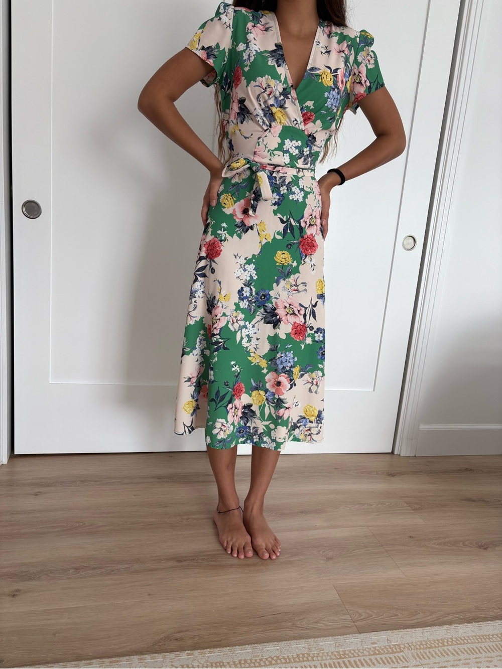 Floral  Midi Dress in Green and Cream